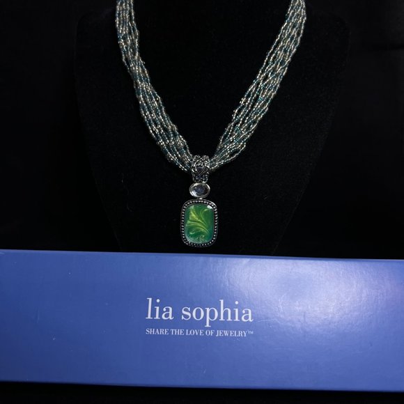 Lia Sophia Jewelry - Lia Sophia Silver Tone Blue & Silver Bead Necklace W/Green Blue Pendant (2778)